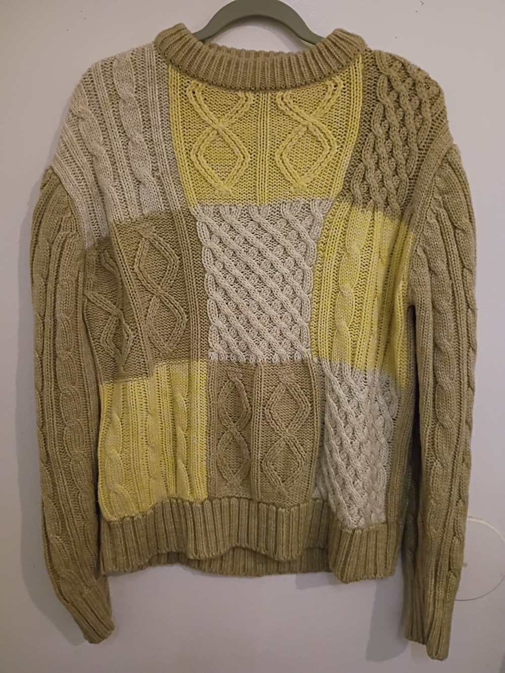 VTG Thane Men's Patchwork Cable Crewneck Sweater in Tan & Cream Sz L